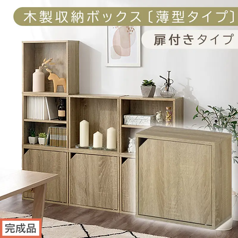 【完成品でお届け】木製収納ボックス〔薄型タイプ・扉付きタイプ〕（オーク）キューブボックス 扉付き カラーボックス スリム 本棚 本 漫画 コミック 小物 収納 CD DVD 収納ボックス キューブラック LKANET300166-9-OAK
