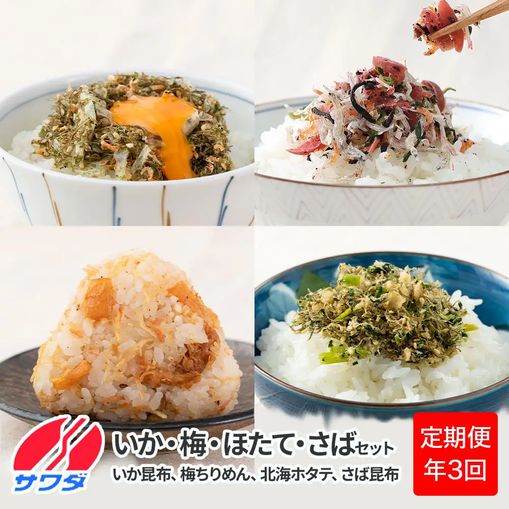 【ふるさと納税頒布会】【定期便】生ふりかけ 人気4種食べ比べセット いか昆布 梅ちりめん 北海ホタテ さば昆布 各1パック×3回お届け 澤田食品 ふりかけ ごはんのお供 ご飯のお供 ふりかけグランプリ 金賞 送料無料