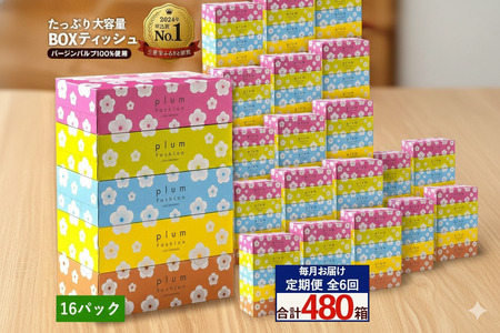 毎月6回　プラムファッション Boxティッシュ 5箱×16パック