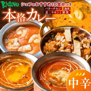 【中辛】ビスヌ 本格カレー　シェフのおすすめ10食_ビスヌ 本格 カレー シェフ おすすめ 10食 バターチキン 豆 海老 チキン 野菜 各 2個 中辛 インドカレー スパイス こだわり インド 直輸入 Aランク できたて 冷凍 真空パック お取り寄せ 福岡県 久留米市 送料無料 〔Ca047-02〕