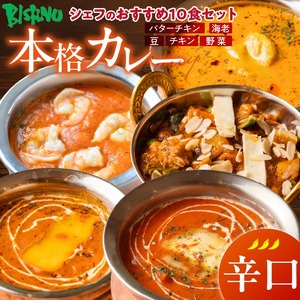 【辛口】ビスヌ 本格カレー　シェフのおすすめ10食_ビスヌ 本格 カレー シェフ おすすめ 10食 バターチキン 豆 海老 チキン 野菜 各 2個 辛口 インドカレー スパイス こだわり インド 直輸入 Aランク できたて 冷凍 真空パック お取り寄せ 福岡県 久留米市 送料無料 〔Ca047-03〕