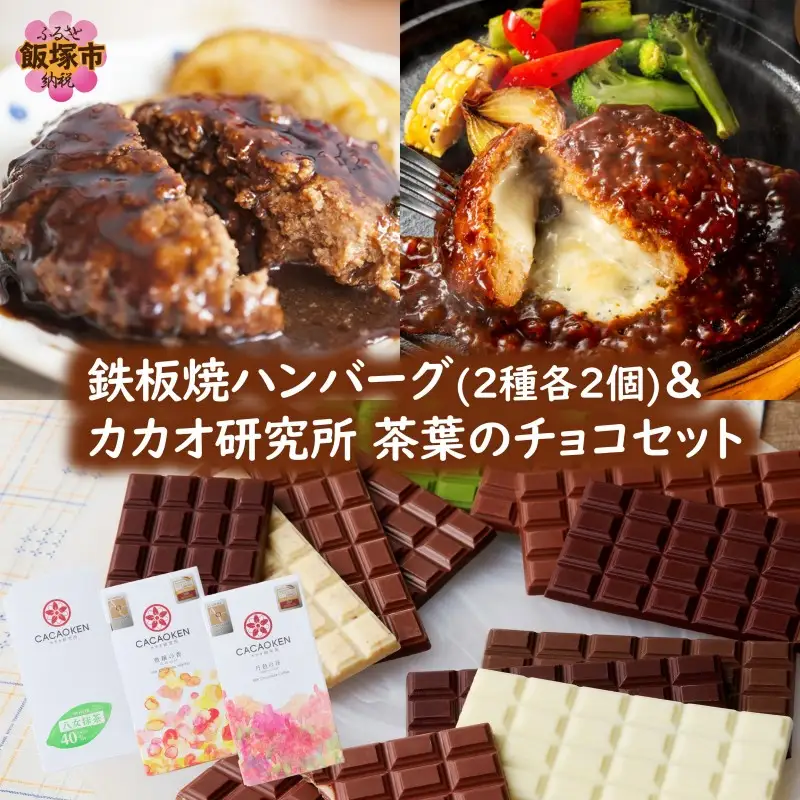 鉄板焼ハンバーグ(2種各2個)＆カカオ研究所 茶葉のチョコセット【A8-085】