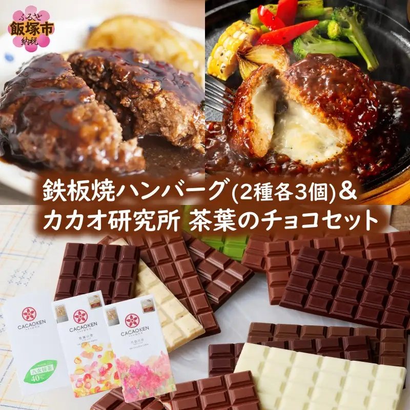 鉄板焼ハンバーグ(2種各3個)＆カカオ研究所 茶葉のチョコセット【B-205】
