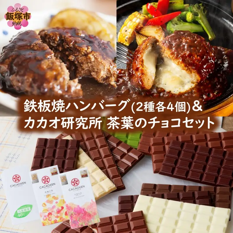 鉄板焼ハンバーグ(2種各4個)＆カカオ研究所 茶葉のチョコセット【B3-089】