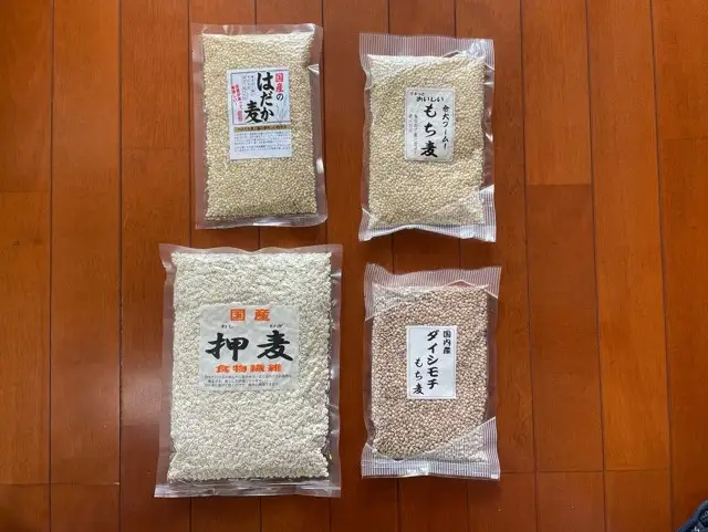 国内産 麦ごはん4種セット(押麦500ｇ、はだか麦330ｇ、ダイシもち麦250ｇ、もち麦300ｇ　各1個)|麦ごはん