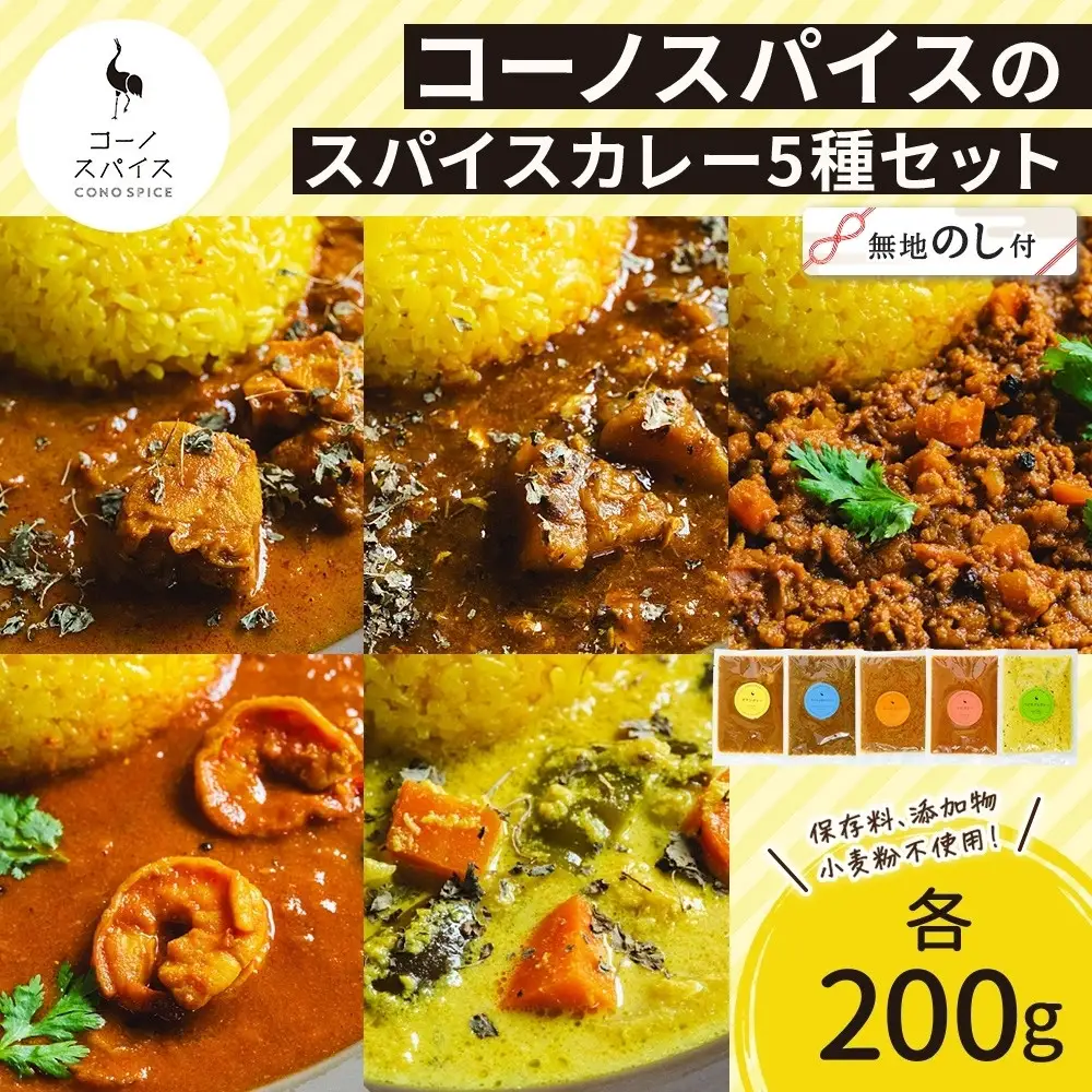 《無地熨斗》 コーノスパイス スパイスカレー5種セット チキン サバと大根 キーマ エビ ベジタブル 各200gパック 小麦粉不使用 グルテンフリー CONO SPICE コーノコーラ 愛知県 名古屋市