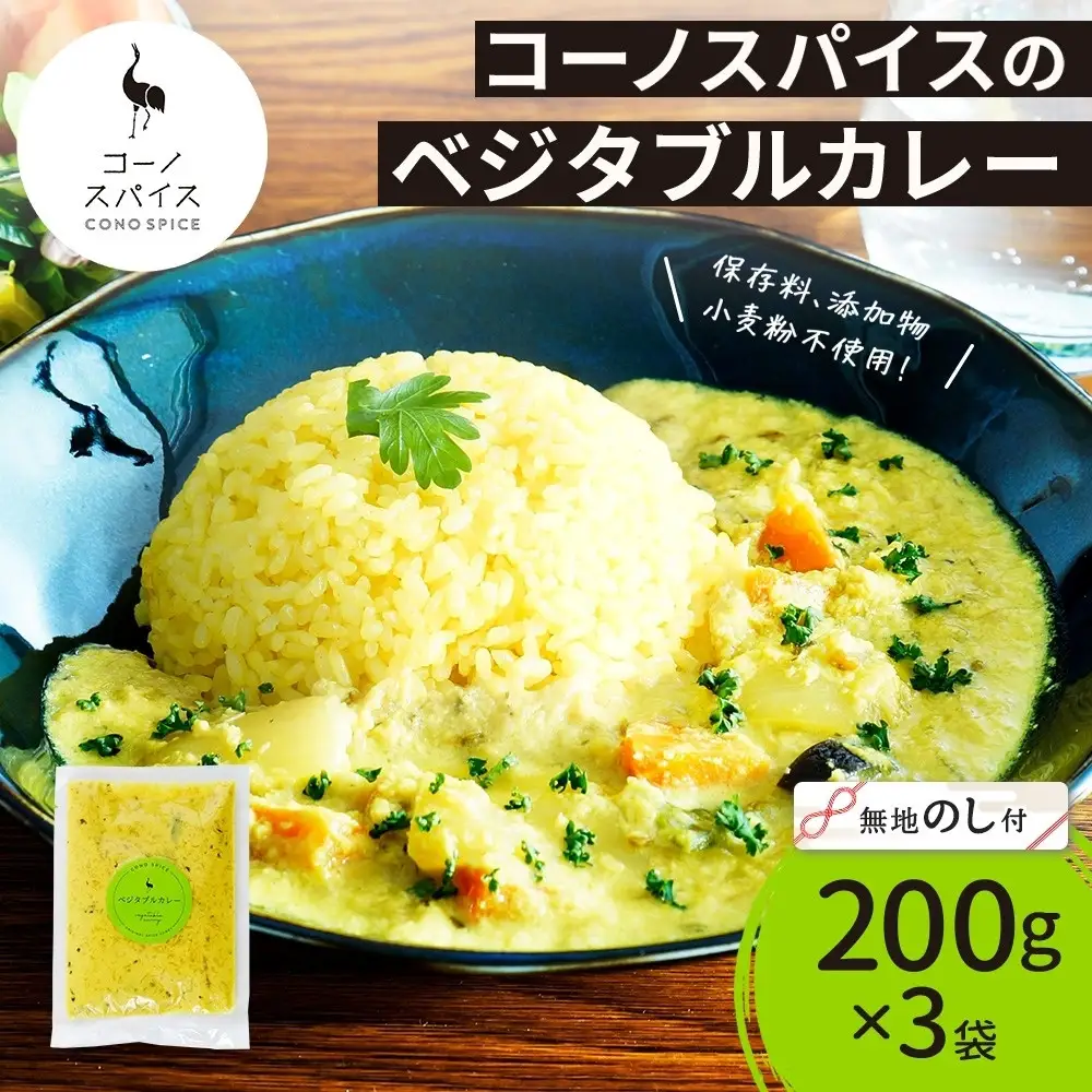 《無地熨斗》 コーノスパイス ベジタブルカレー 200g×3パック スパイスカレー 和風出汁 クリーミー ココナッツ 小麦粉不使用 グルテンフリー  CONO SPICE コーノコーラ 愛知県 名古屋市