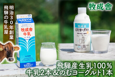 飛騨産 低温殺菌 牛乳 ＆ 飲むヨーグルトセット 合計3本｜ (有)牧成舎 牛乳 DF044