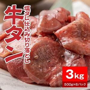 牛タン塩ダレ仕込み切り落とし3kg（500g×6パック）【配送不可：離島】 牛タン