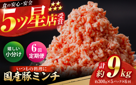 【6回定期便】国産　豚ミンチ 約300g×5 総計約9kg / 嬉しい小分け 挽きたて 豚肉【(有)山重食肉】[ATAP176]