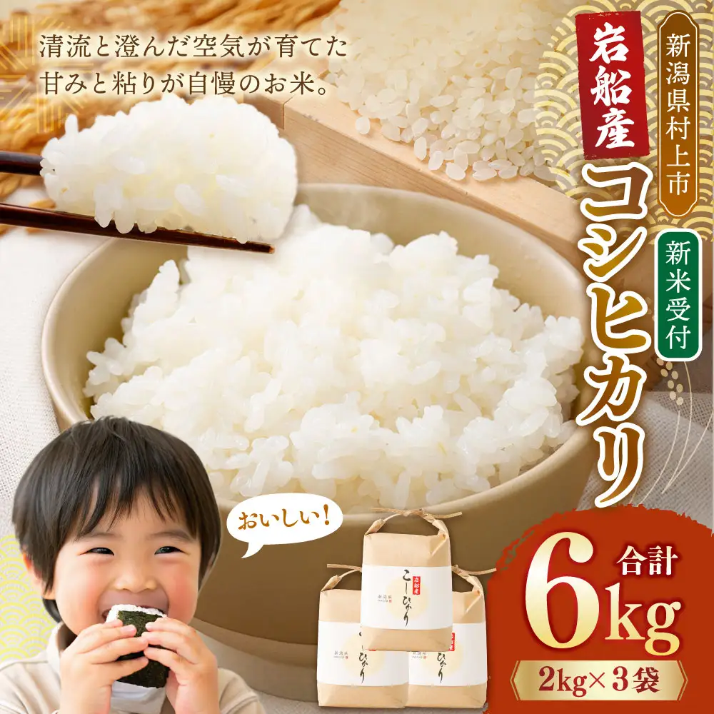 【新米受付・令和8年産米】新潟県村上市　岩船産コシヒカリ6kg（2kg×３袋）　1103001N