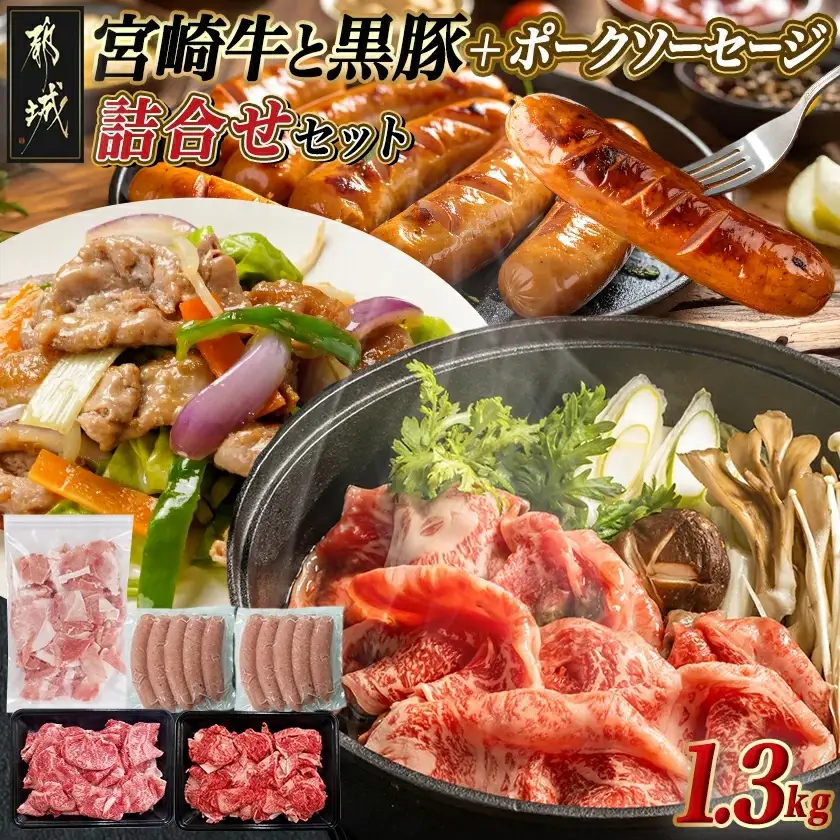宮崎牛と黒豚+ポークソーセージの詰め合わせセット〔AC-N4-001〕_(都城市) 宮崎県産 都城産 宮崎牛 牛肉 黒毛和牛 ロース 赤身 黒豚 ウデ/モモ 切り落とし ソーセージ