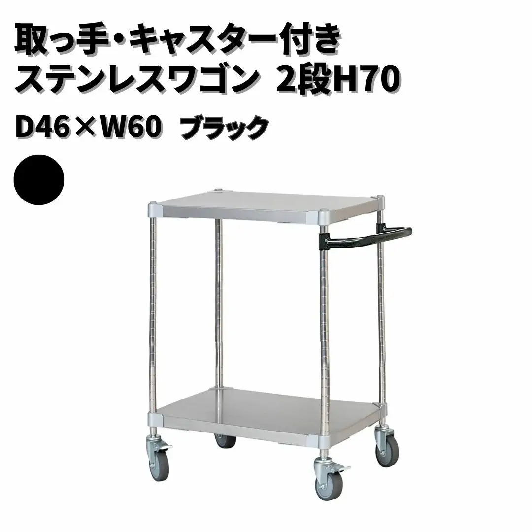 取っ手・キャスター付きステンレスワゴン2段H70 46×60 ブラック PROFACE プロフェイス 冷蔵 冷凍 クリーン 組立式 燕三条製 【257S005】