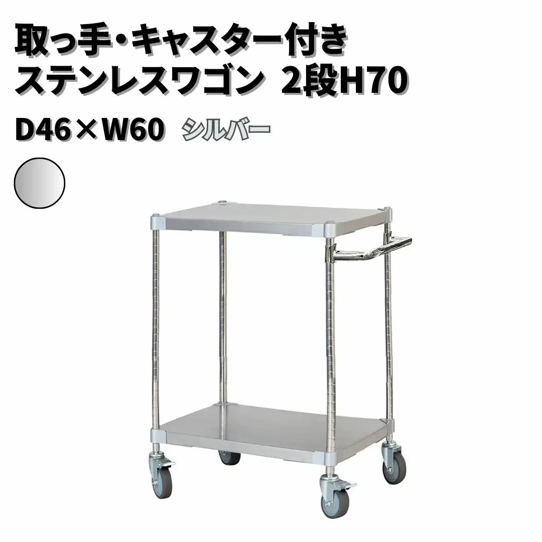 取っ手・キャスター付きステンレスワゴン2段H70 46×60 シルバー PROFACE プロフェイス 冷蔵 冷凍 クリーン 組立式 燕三条製 【257S006】