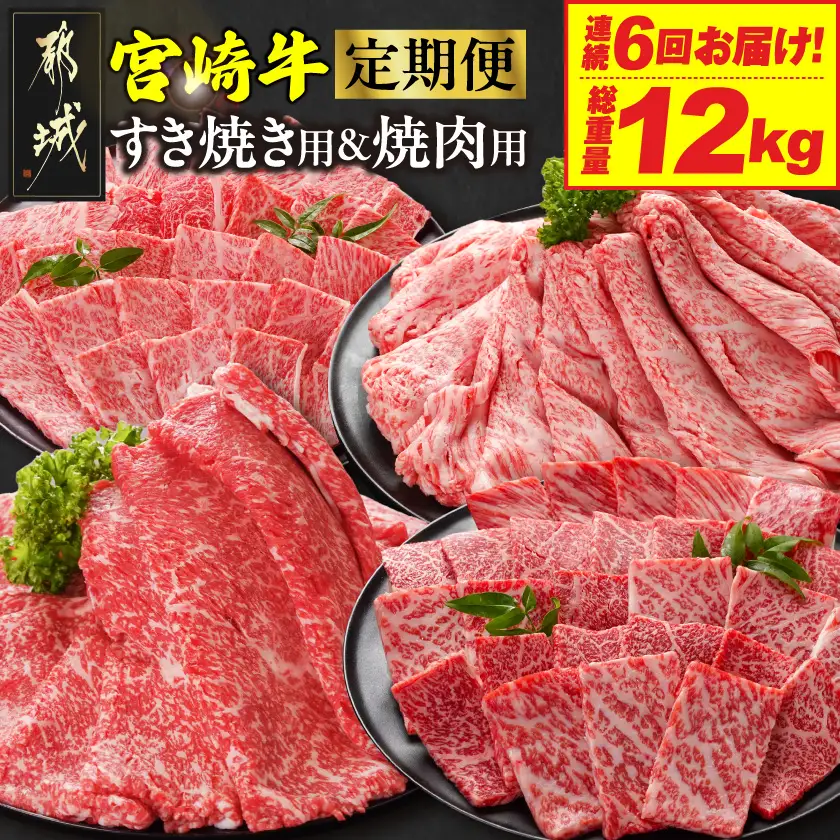 ≪6回連続お届け≫宮崎牛赤身霜降り食べ比べ定期便L(総重量12kg)〔T192-6-N201〕_(都城市) 宮崎牛 スライス 焼肉 2種セット 肩ロース又はロース ウデ又はモモ