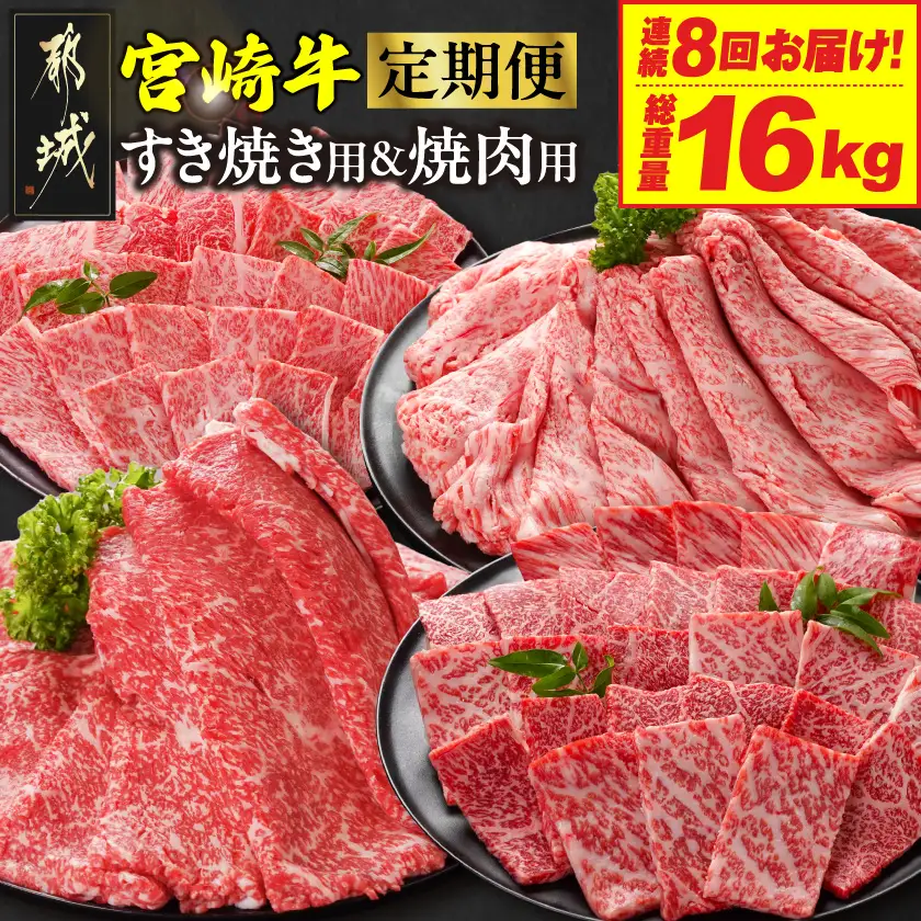 ≪8回連続お届け≫宮崎牛赤身霜降り食べ比べ定期便L(総重量16kg)〔T256-8-N201〕_(都城市) 宮崎牛 スライス 焼肉 2種セット 肩ロース又はロース ウデ又はモモ