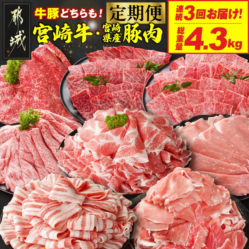 ≪3回連続お届け≫とにかくお肉大好き!宮崎牛と宮崎県産豚定期便M(総重量4.3kg)〔T48-3-N201〕_(都城市) 宮崎県産 牛肉 宮崎牛 豚肉 しゃぶしゃぶ すき焼き 焼肉 バラ 肩ロース又はロース ウデ モモ
