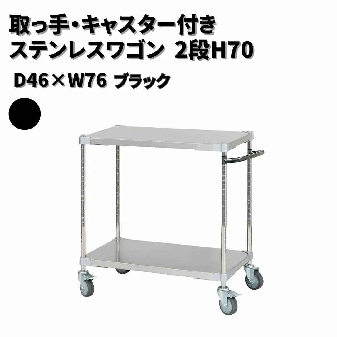 取っ手・キャスター付きステンレスワゴン2段H70 46×76 ブラック PROFACE プロフェイス 冷蔵 冷凍 クリーン 組立式 燕三条製 【272S001】