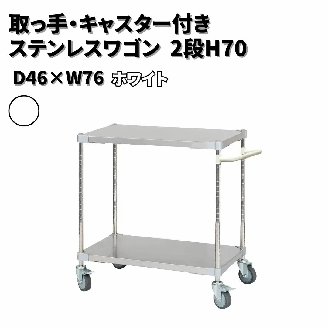 取っ手・キャスター付きステンレスワゴン2段H70 46×76 ホワイト PROFACE プロフェイス 冷蔵 冷凍 クリーン 組立式 燕三条製 【272S003】