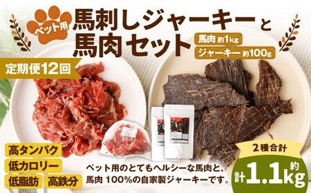 【12回定期便】ペット用馬肉 約1kg×1袋＋馬刺しジャーキー 約100g（約50g×2袋） 合計約13.2kg ペットフード 馬 肉 高タンパク 低カロリー