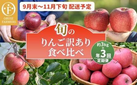 【訳あり】【3回定期便】旬のりんご 訳あり約3kg 食べ比べ 秋映 シナノスイート シナノホッペ サンふじ ［おぶせファーマーズ］ 不揃い 規格外 家庭用 果物 フルーツ りんご 林檎 リンゴ 長野県産 信州産 令和8年産 【2026年9月末～11月下旬】