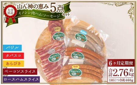 【6ヶ月定期便】 【竹田ジビエ】 山ん神の恵み イノシシ肉ハム・ソーセージ 5点セット 食べやすい ジビエ