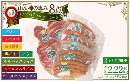 【3ヶ月定期便】 【竹田ジビエ】 山ん神の恵み イノシシ肉ハム・ソーセージ 8点セット 食べやすい ジビエ