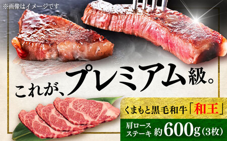 くまもと 黒毛和牛 和王 肩ロース ステーキ 約600g（約200g×3枚）ロースステーキ[AYBR032]