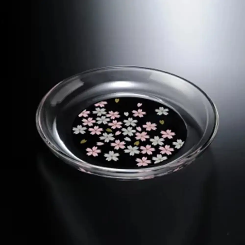 みよし漆器本舗 紀州塗り ぬりもん de Verre 丸小皿 蒔絵 桜 黒 直径14.8×2cm