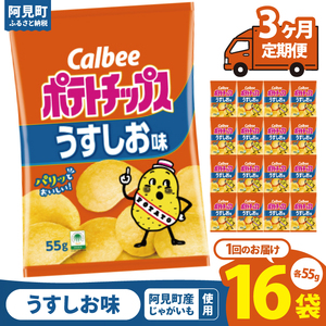 【3回定期便】カルビー ポテトチップスうすしお味（55g） 16個｜Calbee お菓子 菓子 おやつ おかし ぽてち ポテチ スナック おつまみ ジャガイモ じゃがいも（93-02）