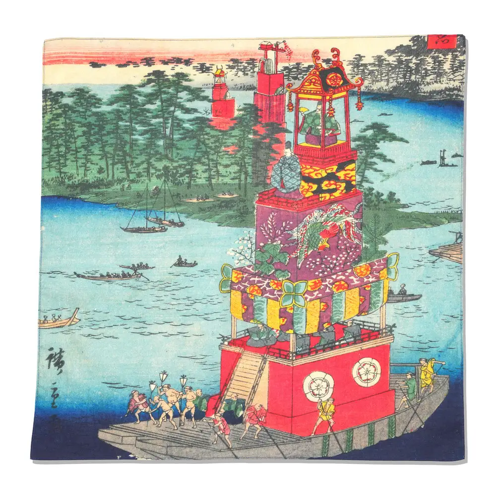 オリジナル【浮世絵ミニ風呂敷】歌川広重（二代）作「諸国名所百景 尾張津島祭禮」デザイン／名古屋刀剣博物館