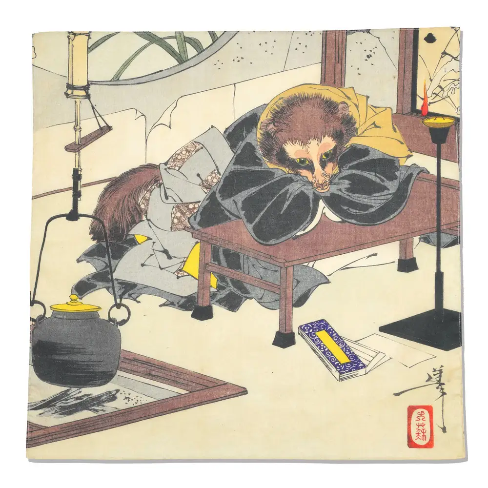 オリジナル【浮世絵ミニ風呂敷】月岡芳年作「新形三十六怪撰 茂林寺の文福茶釜」デザイン／名古屋刀剣博物館