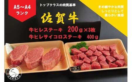佐賀牛 ヒレ（200g×3枚）＆サイコロステーキ 400g【陶窯みかわや】最高級 A5 A4 黒毛和牛 厳選 ステーキ 総量 1kg ブランド牛 霜降り 100000円 10万円 N100-20