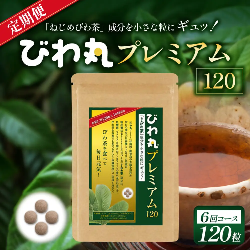 【定期便 全6回】≪6ヶ月連続で毎月お届け≫ びわ丸プレミアム ≪1回あたり(120粒入×1袋) ≫  健康補助食品 びわ茶含有加工食品 TO-11-NP | 国産 びわ茶 びわの葉 サプリメント 乳酸菌 ノンカフェイン ポリフェノール ネコポス 鹿児島県 南大隅町 十津川農場