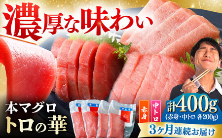 【全3回定期便】対馬産 本マグロ 400g（赤身200g、中トロ200g） ≪対馬市≫【桐谷商店】 トロの華 対馬 新鮮 マグロ 赤身 トロ 鮪 刺身[WAQ064]