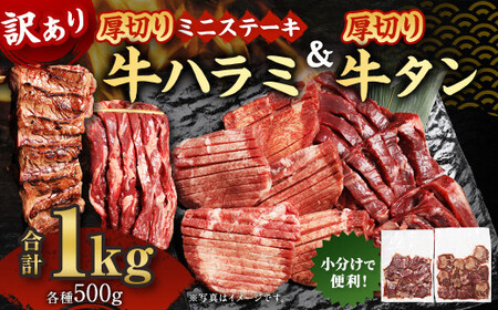 訳あり 厚切り 牛ハラミ ミニステーキ ＆ 厚切り牛タン セット 合計1kg 肉 お肉 牛肉 ハラミ 牛タン タン 冷凍 熊本県 湯前町
