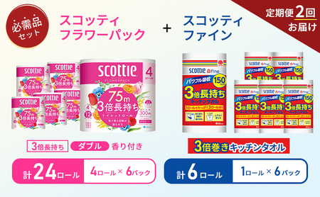 【 6ヶ月ごと計 2回お届け 】キッチンペーパー 6パック入 スコッティ ファイン 1ロール 150カット トイレットペーパー ダブル 4ロール × 6パック フラワーパック
