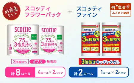 セットトイレットペーパー ダブル 8個 キッチンペーパー 2個 スコッティ トイレット