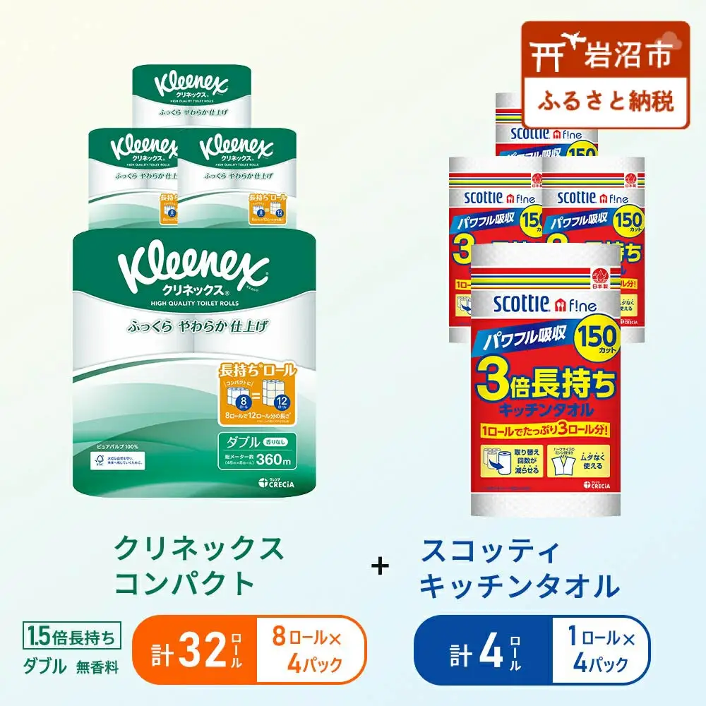 キッチンペーパー 4パック入 スコッティ ファイン 1ロール 3倍 150カット トイレットペーパー ダブル 1.5 倍巻き 8ロール入 × 4パック クリネックス
