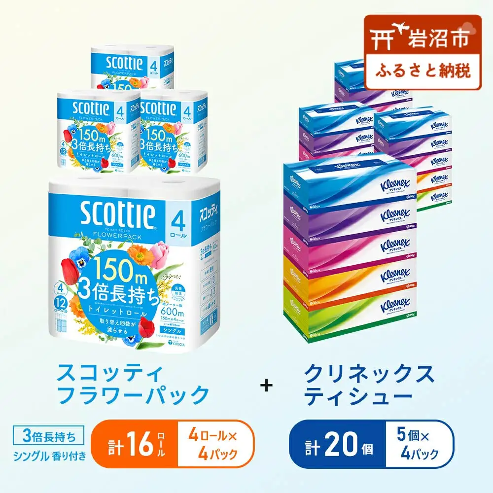 ティッシュ クリネックス 20箱 トイレットペーパー シングル 3倍長持ち 4R × 4P 香り付き セット トイレット