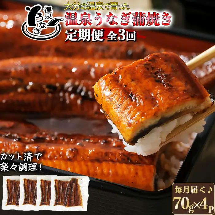 ＜定期便(毎月)全3回＞ 国産 温泉うなぎ 蒲焼 カット 70g×4【大分水産】 うなぎ 完全無投薬 九州 大分県 うな丼 うな重 冷凍 鰻 ギフト 受賞 食べきり 個包装 小分け スタミナ 夏バテ ＜104-801＞