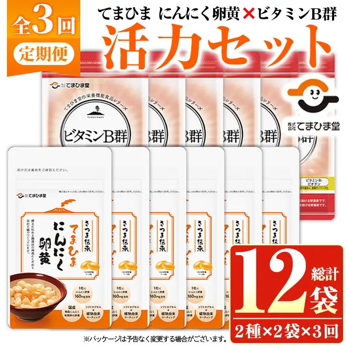 No.1298-A ＜定期便・全3回(隔月)＞活力セット(てまひま にんにく卵黄・ビタミンB群/各2袋×3回 計12袋) 鹿児島 日置市 ニンニク 健康食品 加工食品 栄養 元気 有精卵 カプセル 手軽に 安全安心【てまひま堂】