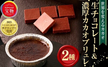 「にっぽんの宝物世界大会2023 日本と海外の融合部門 第2位獲得！」 【世界を変えるカカオ】 生チョコレート ＆ 濃厚カカオブリュレ  生チョコレート2箱　濃厚カカオブリュレ 1箱  ／ チョコレート 生チョコ ブリュレ クリームブリュレ カカオ カカオスイーツ お菓子 洋菓子 スイーツ デザート 冷凍