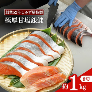 極厚 甘塩 銀鮭 切り身 8切（約1kg） 冷凍 真空パック ふっくら 厚切り 鮭 サケ シャケ 焼き魚 おかず 新潟県 上越市 創業52年 しみず屋 特製