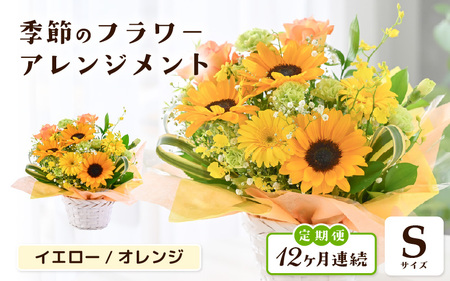 定期便 ≪12ヶ月連続お届け≫ 選べるカラー 季節のフラワーアレンジメント S (イエロー・オレンジ) 【お花 フラワー アレジメント 花束 ギフト 生花 プレゼント 花束 花 記念日 敬老の日 お祝い】 [I-20701_02]