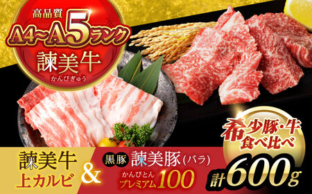 【ブランド牛＆ブランド豚の焼肉食べ比べ】諫美牛 上カルビ 300g ＆ 黒豚諫美豚プレミアム100 バラ肉 300g / カルビ 牛肉 食べ比べ A5 焼肉 豚バラ スライス ぶた ばらすらいす 小分け 肉 薄切り / 諫早市 / 株式会社土井農場[AHAD103]