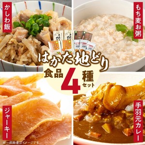 はかた地どりの4種セット（JERKY OF HAKATAJIDORI、はかた地どりともち麦のお粥、手羽元カレー、かしわ飯の素） _ はかた地どり 常温 セット JERKY OF HAKATAJIDORI 20g×3 はかた地どりともち麦のお粥 200g×2 手羽元カレー 210g×2 かしわ飯の素 109g×2 4種類 疲労感 軽減 ジャーキー お粥 郷土料理 レトルト 加工品 お取り寄せグルメ 福岡県 久留米市 送料無料  〔Cx244〕