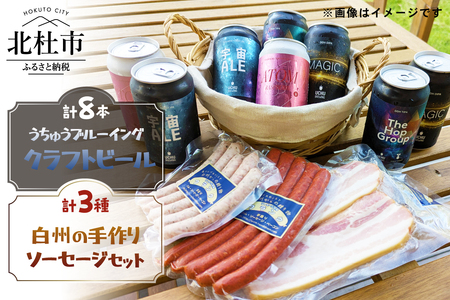 うちゅうブルーイング クラフトビール8本と名水百選で知られる白州の手作りソーセージ3種セット ソーセージ ウインナー ベーコン 詰め合わせ 宇宙ビール [h131]