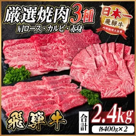 飛騨牛　厳選焼肉3種(肩ロース・カルビ・赤身)　計2.4kg(各800g) 黒毛和牛　小分け【配送不可地域：離島】【1669124】