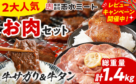 2大人気 お肉セット 牛肉 牛サガリ 牛タン ハラミ  牛サガリ400g×2／牛タン300g×2 計1.4kg 味付け肉 【九州産黒毛和牛入ハンバーグプレゼント レビューキャンペーン開催中！】